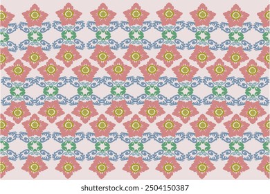 Seamless fabric pattern. Native damask pattern with orange and light blue flowers, European blue. White background illustration, vector, wallpaper.