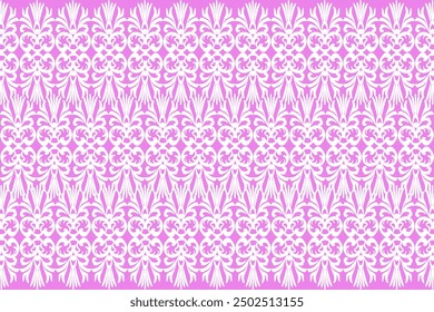 Patrón de tela sin costuras. Patrón de damasco rosado europeo nativo, fondo blanco. Ilustración, Vector, cortina, arpillera.