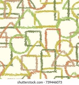 Seamless fabric pattern with pastel color geometric forms. Repeat triangle, circle, square figure with brown, beige, green, cream color. Hand drawing vector texture background.