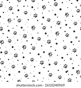 Seamless fabric pattern with paw and stars