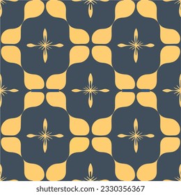 Seamless fabric pattern with a symmetrical arrangement of blue and yellow stars, creating a vibrant and eye catching design.