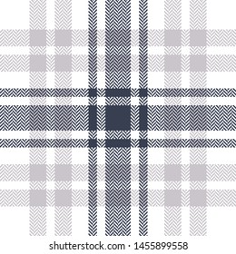 Seamless fabric pattern. Tartan check plaid in dark blue, grey, and white for scarf, poncho, blanket, or other modern textile design. Herringbone woven pixel texture.