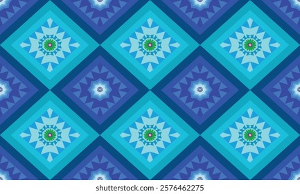 Seamless fabric pattern, triangles and rhombus lined up in rows to form a beautiful overlapping rhombus shape, with flowers in the center, abstract geometric background