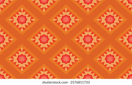 Seamless fabric pattern, triangles and rhombus lined up in rows to form a beautiful overlapping rhombus shape, with flowers in the center, abstract geometric background