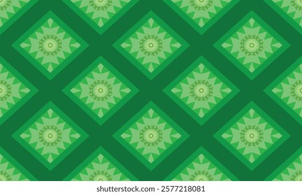 Seamless fabric pattern, triangles and rhombus lined up in rows to form a beautiful overlapping rhombus shape, with flowers in the center, abstract geometric background