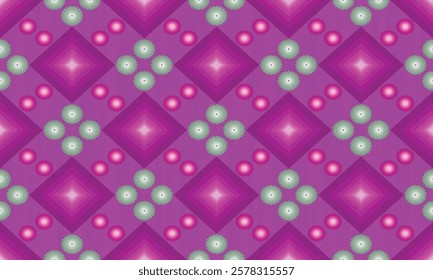 Seamless fabric pattern, triangles and rhombus lined up in rows to form a beautiful overlapping rhombus shape, with flowers in the center, abstract geometric background