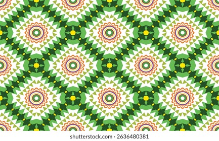 Seamless fabric pattern, triangles and rhombus lined up in rows to form a beautiful overlapping rhombus shape, with flowers in the center, abstract geometric background