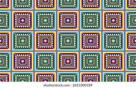 Seamless fabric pattern, triangles and rhombus lined up in rows to form a beautiful overlapping rhombus shape, with flowers in the center, abstract geometric background