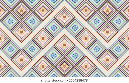 Seamless fabric pattern, triangles and rhombus lined up in rows to form a beautiful overlapping rhombus shape, with flowers in the center, abstract geometric background