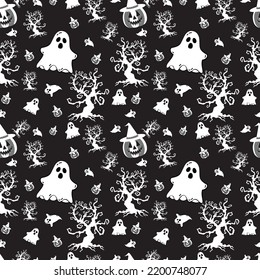 seamless fabric pattern white ghost Halloween black BG