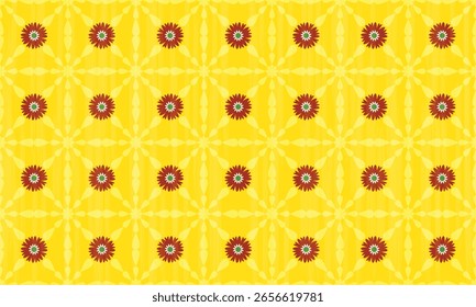Seamless fabric patterns with flowers have beautiful patterns arranged in rows of squares for stacked, red, yellow background, vector, geometric