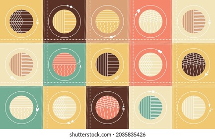 seamless fabric patterns, in the form of plaids, lines, and circles. soft color (vintage). square, circle, and line backgrounds. 