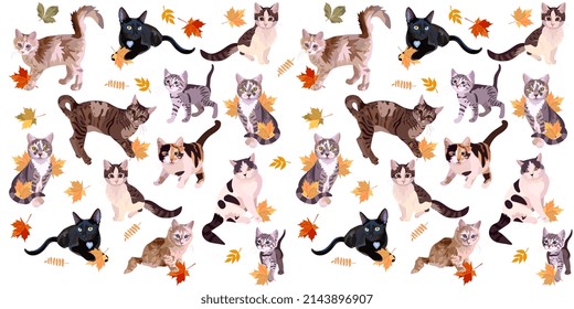 Seamless fabric print with beautiful domestic cats playing with fallen maple leaves isolated on white background.