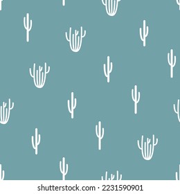 Seamless fabric print with cactus. White cacti on blue-green, teal background. Repeat pattern texture with wild west abstract desert plants. Simple cowboy ornament for wallpaper, textile, cover, case.