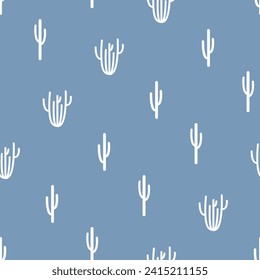 Seamless fabric print with cactus. White cacti on pale blue background. Repeat pattern texture with wild west abstract desert plants. Simple cowboy ornament for wallpaper, textile, cover, case.