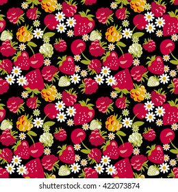 seamless fabric sample with berries on black  background. vector illustration of berries pattern. repeatable fabric or wrapping paper motif