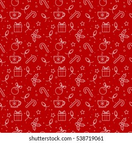 Seamless fabric. Simple contour. The theme of Christmas and new year. Izolirovannye red background. Home. Gift. Background, texture, packaging, greeting. Stock vector.