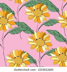 Seamless fabric of  sun flowers Pattern, like illustration. Suit for package design, wallpaper, fashion print.