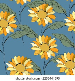 Tejido sin foco de flores de sol Patrón, como ilustración. Suit para diseño de paquetes, fondo de pantalla, impresión de moda.