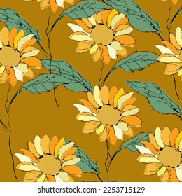Tejido sin foco de flores de sol Patrón, como ilustración. Suit para diseño de paquetes, fondo de pantalla, impresión de moda.
