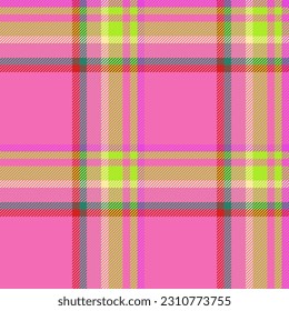 Seamless fabric texture of check pattern textile with a plaid tartan vector background in magenta and lime colors.