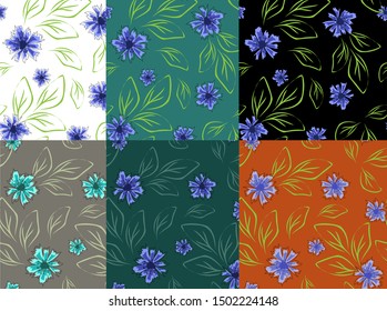 Seamless fabric texture. Flowers cornflowers in abstract style on green background. Botanical floral decoration texture. Flat template with flowers cornflowers for wallpaper design