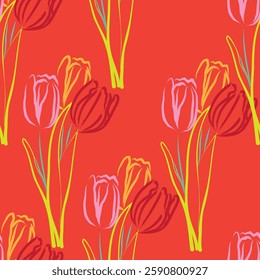 Seamless fabric of tulip flowers pattern, like illustration. Suit for package design, wallpaper, fashion print, Housing wallpaper, arty-crafty.
