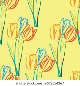 Seamless fabric of tulips pattern, like illustration. Suit for package design, wallpaper, fashion print, Housing wallpaper, arty-crafty.

