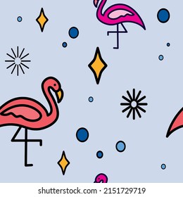 Seamless fabric vector pattern ready to print: cartooned flamingo with geometric shapes, cute children's texture