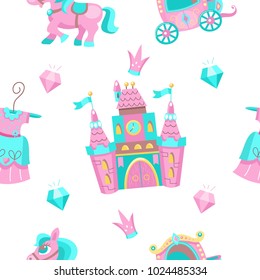 Seamless fabulous pattern on a white background. Fairytale castle, pink pony, Princess dress, pink Royal carriage, diamonds, crown.