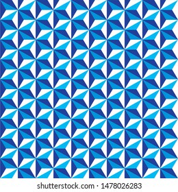Seamless faceted polyhedral triangle background pattern texture in tones of blue.