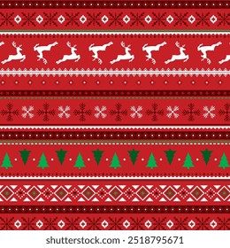 Patrón de punto de suéter Festiva sin costuras. Impresión de Vector de punto dibujado a mano repetida con un reno Horizontal, árbol y diseño de copo de nieve sobre un fondo rojo. Patrón textil de la ropa.