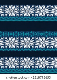 Seamless fairisle sweater knit pattern. Repeating hand drawn knitted vector print with a white snowflake design on a blue background. Apparel textile pattern.