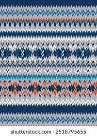 Seamless fairisle sweater knit pattern. Repeating hand drawn knitted vector print with a blue and orange horizontal design on a gray background. Apparel textile pattern.