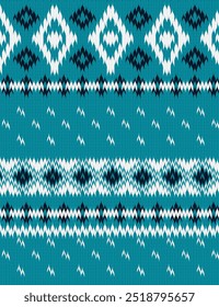 Nahtloses filigranes Pullover Strickmuster. Wiederholter handgezeichneter gewirkter Vektordruck mit marineblauem und weißem Design auf türkisblauem Hintergrund. Textiles Bekleidungsmuster.