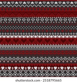 Seamless fairisle sweater knit pattern. Repeating hand drawn knitted vector print with a red, white and black horizontal heart and zigzag design. Apparel textile pattern.