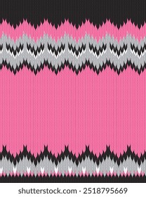 Seamless fairisle sweater knit pattern. Repeating horizontal black and white zigzag vector print on a pink background. Apparel textile pattern.