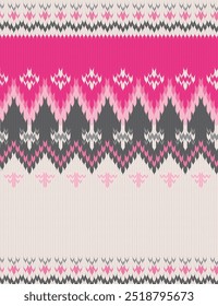 Seamless fairisle sweater knit pattern. Repeating hand drawn knitted vector print with a pink and grey zigzag design on a white background. Apparel textile pattern.