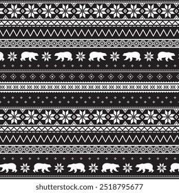 Seamless fairisle sweater knit pattern. Repeating hand drawn knitted vector print with a bear and snowflake design on a black background. Apparel textile pattern.