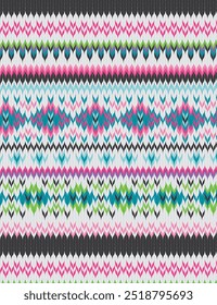 Seamless fairisle sweater knit pattern. Repeating hand drawn knitted vector print with a pink, blue and green horizontal design on a gray background. Apparel textile pattern.