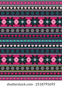 Seamless fairisle sweater knit pattern. Repeating hand drawn knitted vector print with a pink heart and flower design on a black background. Apparel textile pattern.