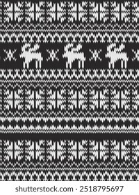 Seamless fairisle sweater knit pattern. Repeating hand drawn black and white knitted vector print. Apparel textile pattern.