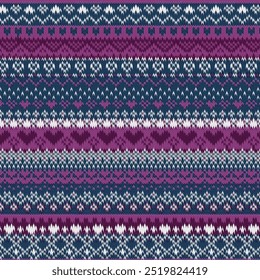 Seamless fairisle sweater knit pattern. Repeating knitted vector print with a purple and blue horizontal heart and zigzag design. Apparel textile pattern. Hand drawn illustration.