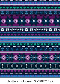 Seamless fairisle sweater knit pattern. Repeating knitted vector print with a purple heart and flower design on a navy blue background. Apparel textile pattern. Hand drawn illustration.