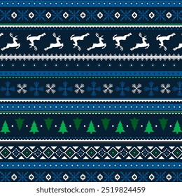 Seamless fairisle sweater knit pattern. Repeating knitted vector print with a purple heart and flower design on a navy blue background. Apparel textile pattern. Hand drawn illustration.