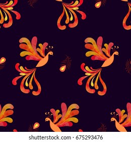Seamless fairy Firebird pattern. Vector background with watercolor flying flaming Phoenix.