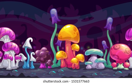 Seamless fairy landscape, separated layers for parallax effect. Magic forest looped scene. Unusual fantasy cartoon colorful mushrooms on the night background. Vector illustration for game design.