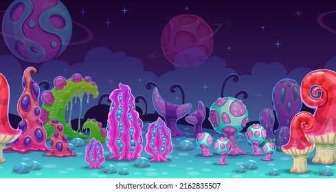 Nahtlose Märchenlandschaft, getrennte Schichten für Parallaxeneffekte. Zauberwaldszene. Alien Fantasy Cartoon bunten Pilze auf dem nächtlichen Hintergrund. Vektorgrafik für Spieldesign.