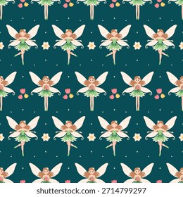 Padrão de fadas perfeito com fadas dançantes e flores. Fada bonito padrão sem emenda no fundo escuro com flores. Fantasia de ilustração de fadas padrão sem costura para design infantil