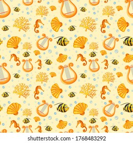Seamless fairy sea animal cartoon on yellow background illustration